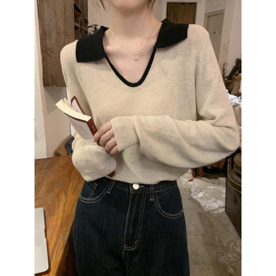 2024洋气拼色针织衫女士秋冬薄款宽松V领毛衣撞色打底衫上衣F6-44