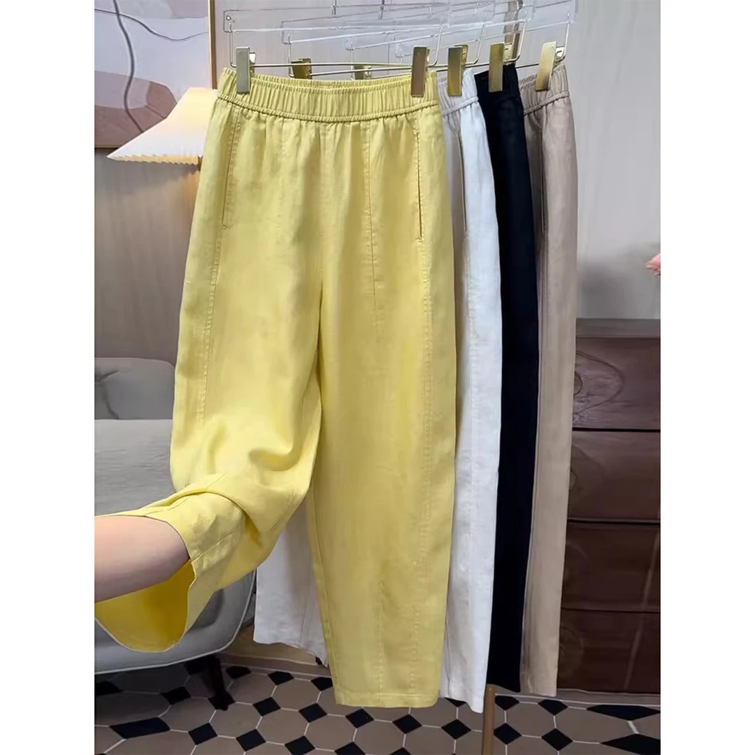 天丝亚麻裤女夏季薄款2025年新款高腰休闲哈伦裤小脚裤棉麻直筒裤