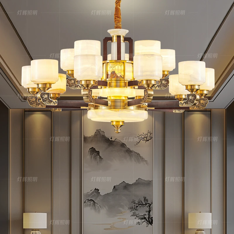 EYPHI/益菲新中式全铜乌金木如日中天别墅豪宅吊灯天然玉石灯具