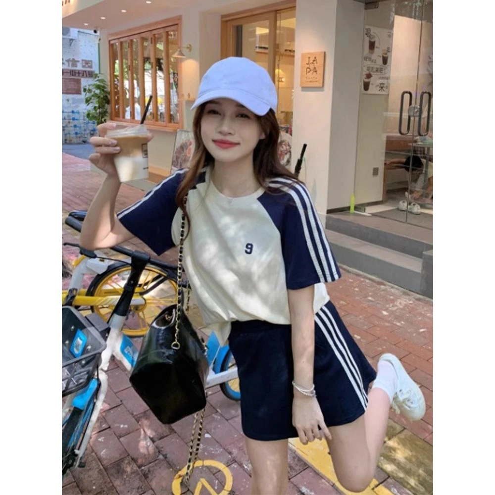 洋气新款春秋套装夏季运动服女休闲韩系宽松刺绣短袖短裤两件套