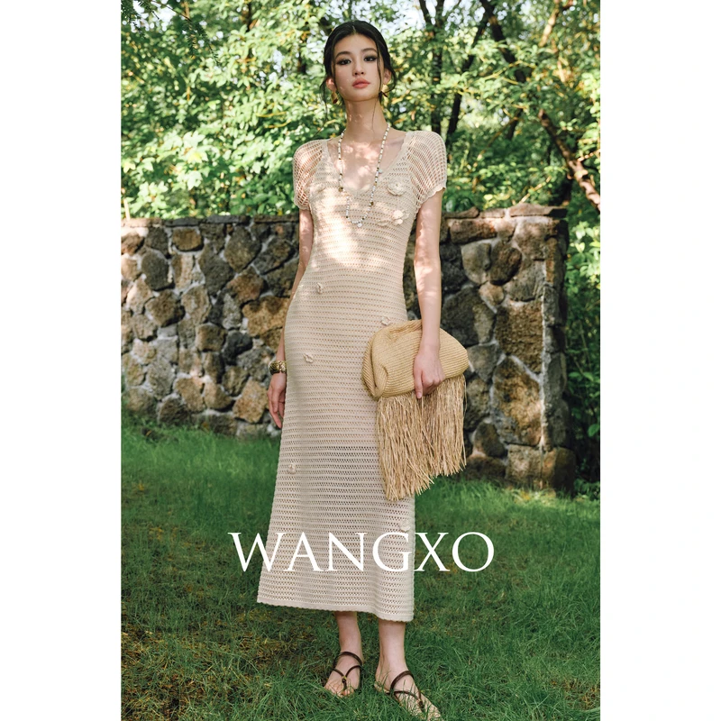WANGXO  法式度假手工钩花镂空针织连衣裙253606W