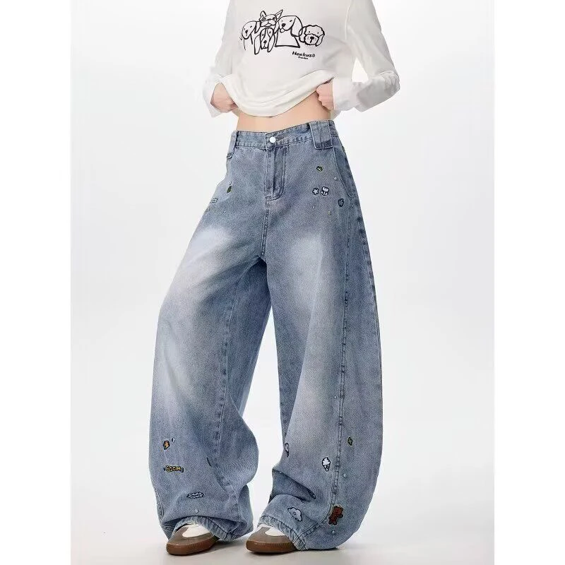 设计感趣味卡通刺绣牛仔裤男女秋季复古弯刀阔腿裤百搭垂感休闲裤
