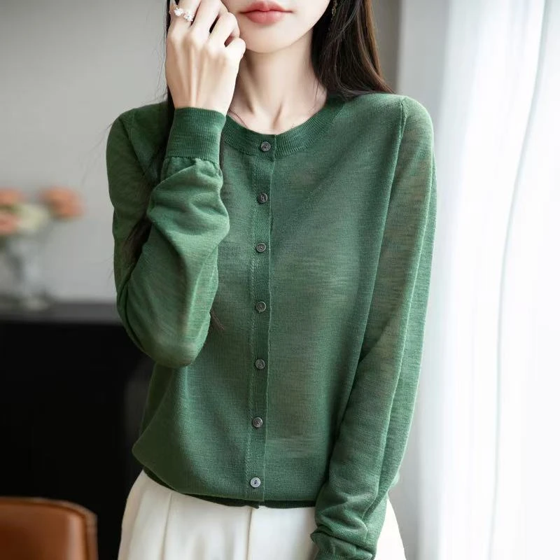 莱赛尔天丝夏季圆领针织开衫宽松显瘦外搭长袖冰丝针织衫526