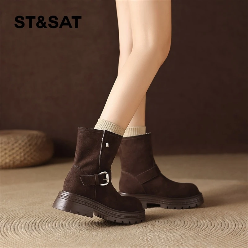 星期六美拉德马丁靴女2025冬季新款厚底搭扣加绒短靴复古保暖棉靴