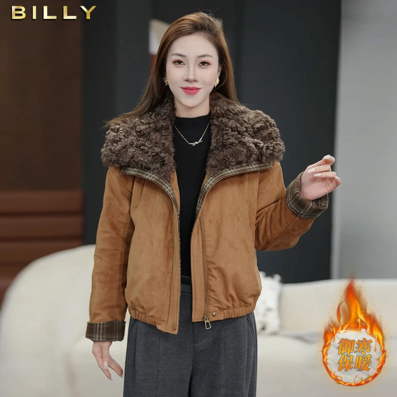 比利毛领拼接加绒外套女冬季短款时尚宽松小个子百塔加厚上衣秋冬