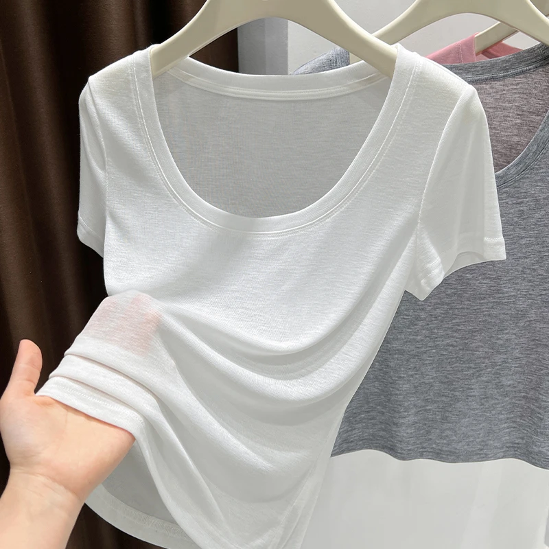 白色大圆领冰丝短袖T恤女夏新款简约百搭微透修身显瘦打底衫上衣