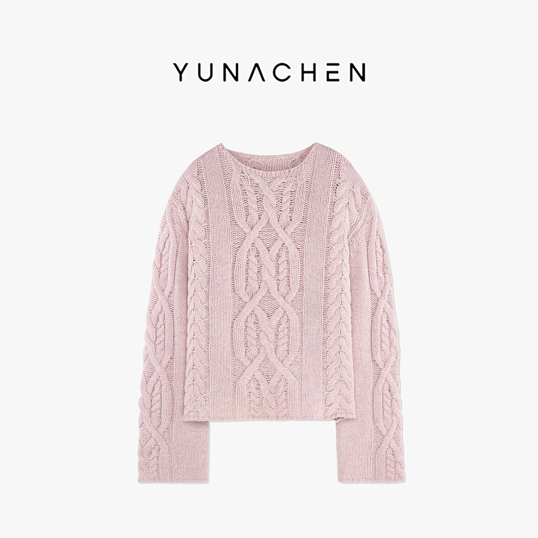 菠萝宝宝yuna【心动邂逅】粉色100绵羊毛绞花套头毛衣YJ19