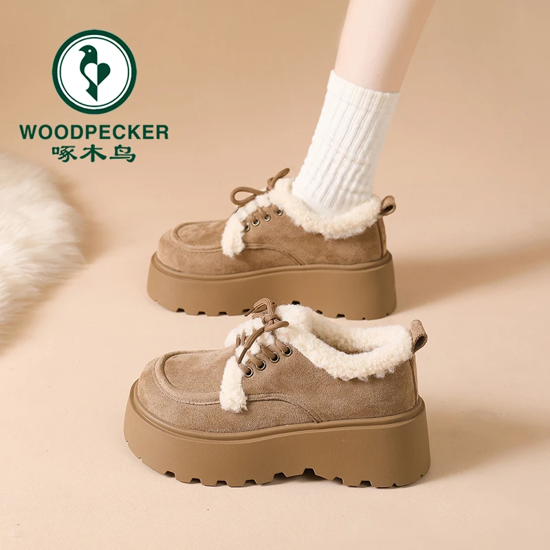 啄木鸟复古短筒雪地靴女厚底加绒勃肯棉鞋2025新款冬季保暖乐福鞋
