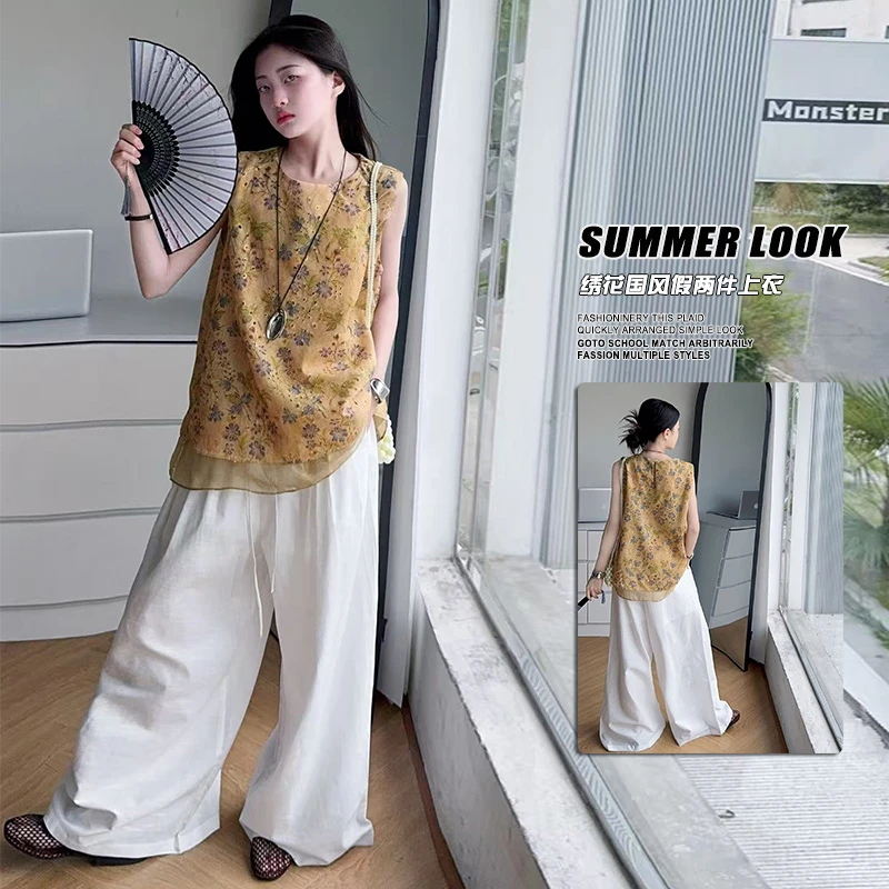 女童新中式国风套装夏2025新款圆领复古无袖上衣背心裙时尚阔腿裤