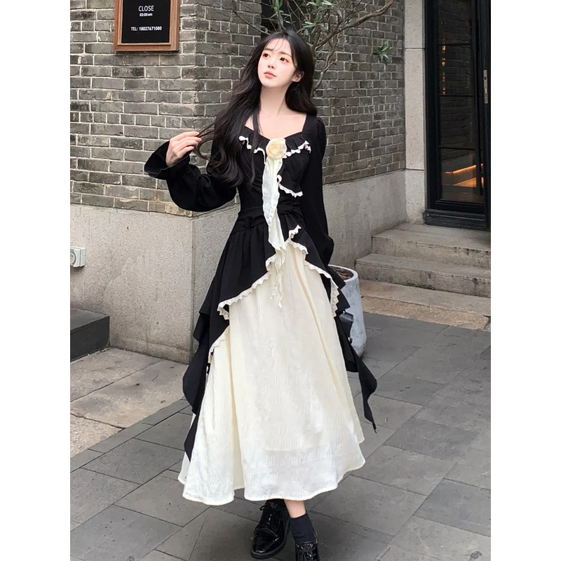 赫本风拼接连衣裙女2024秋冬新款设计感小众假两件裙子