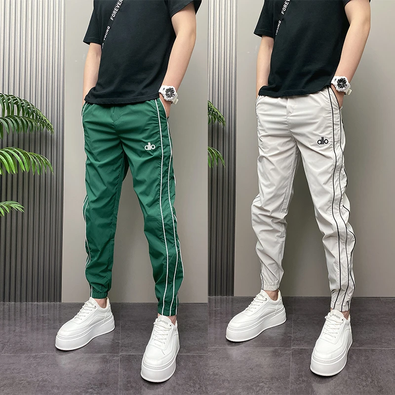 2025夏季薄款潮流韩版痞帅束脚裤速干条纹个性设计感字母九分裤男