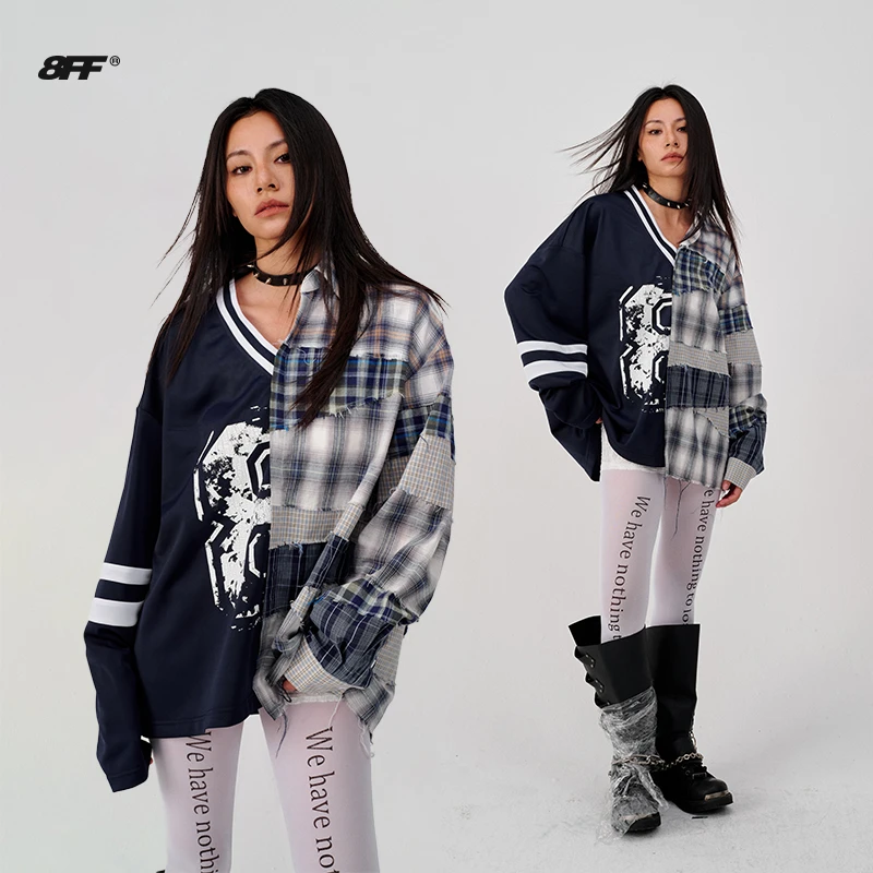 8FF大不相同/25SS丁真同款复古做旧不规则毛边拼接设计球衣潮长袖