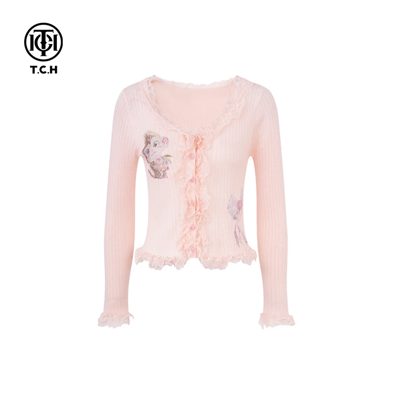 TCH现货私服烫钻时尚休闲百搭舒适针织开衫女T75A43E5022轻奢tch