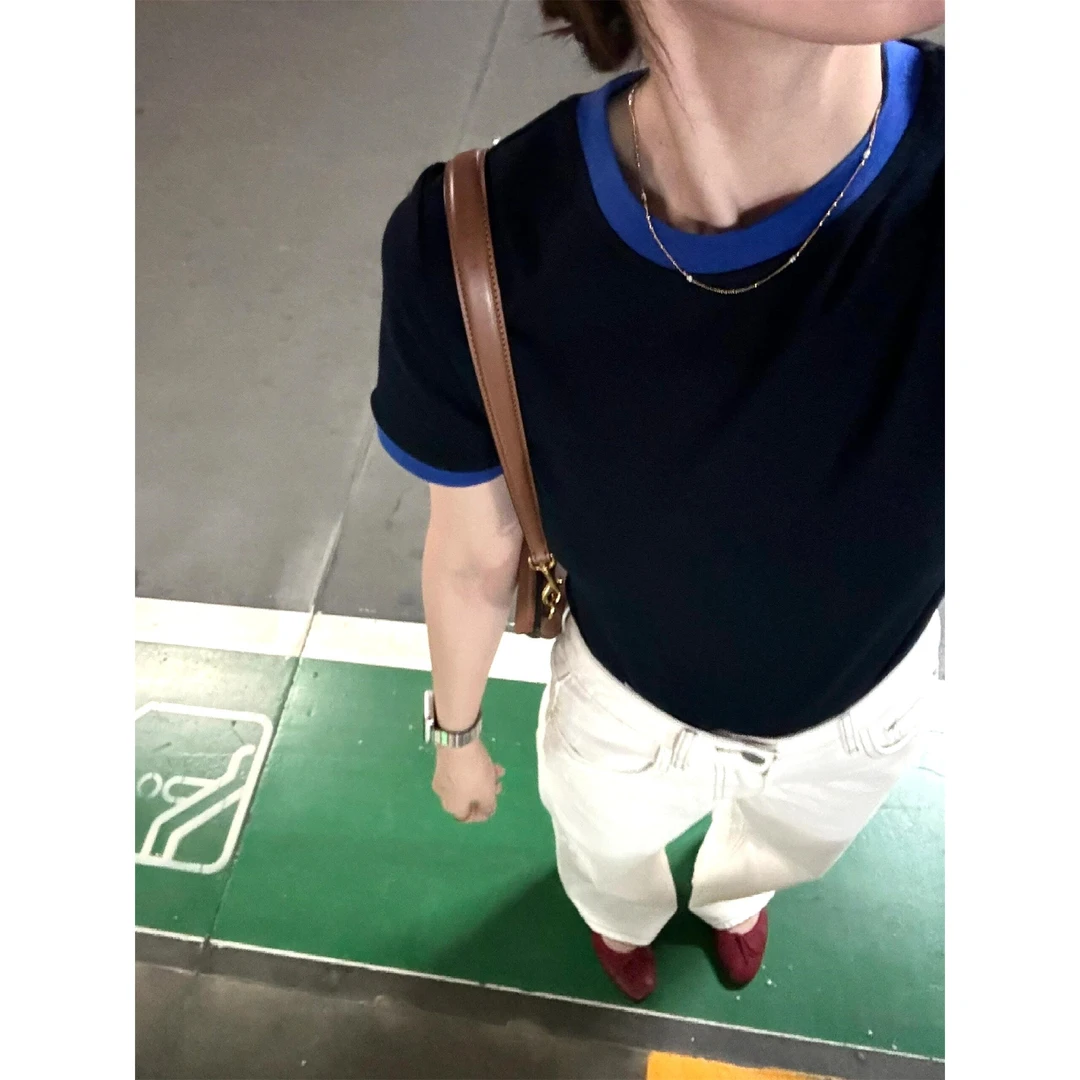 韩版气质圆领撞色百搭短袖正肩T恤女夏季修身显瘦体恤短款上衣薄