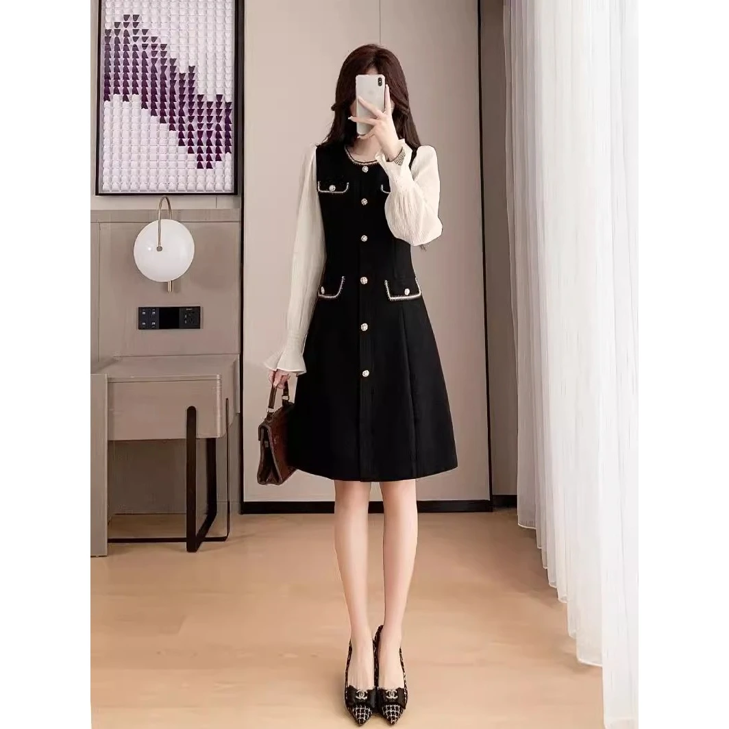 法式高级感连衣裙女2025春秋新款时尚气质拼接小香风显瘦小黑裙