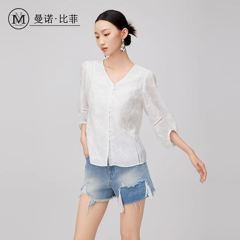 【诗语专属】曼诺比菲法式简约休闲v领衬衫MFCS124307