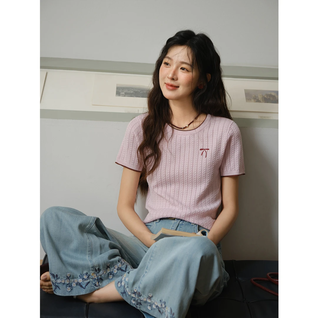 【艾美专属】谜秀樱花粉挑空扭绳针织衫蝴蝶结撞色上衣MXE35Z1276