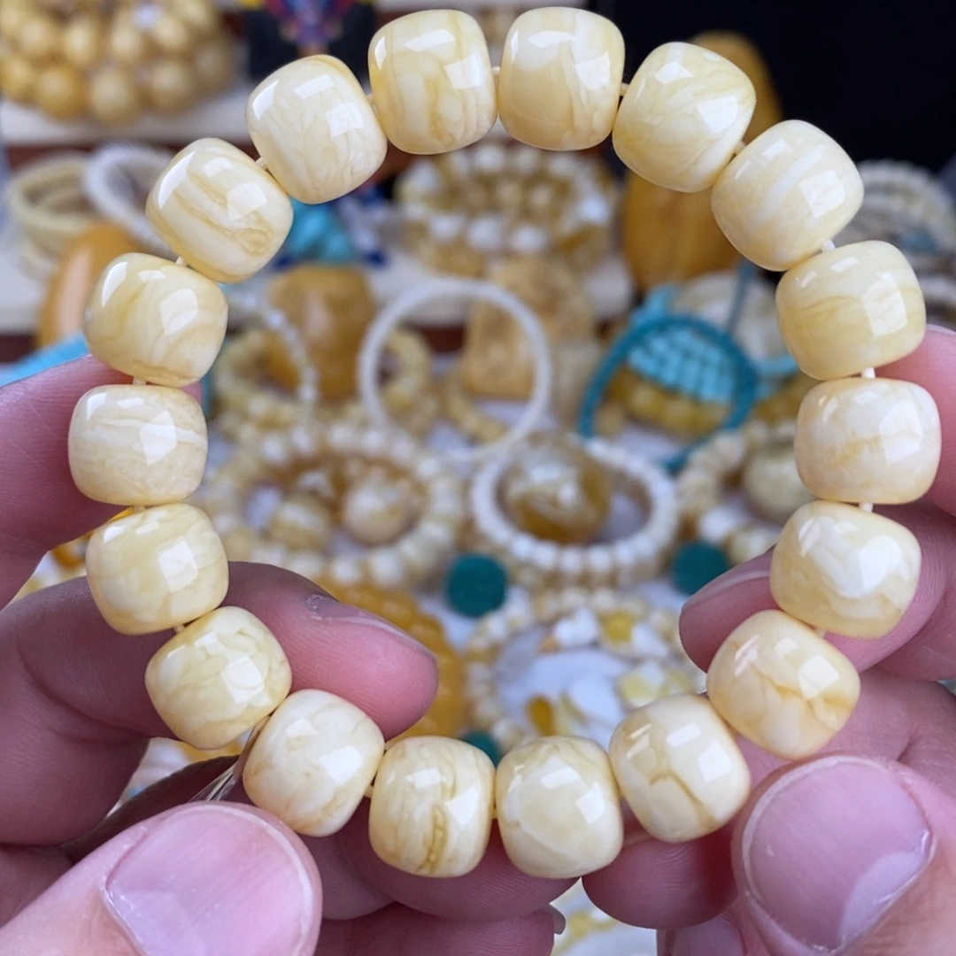 蜜蜡未镶嵌手链瓷白细纹白蜡虎皮纹12.5mm