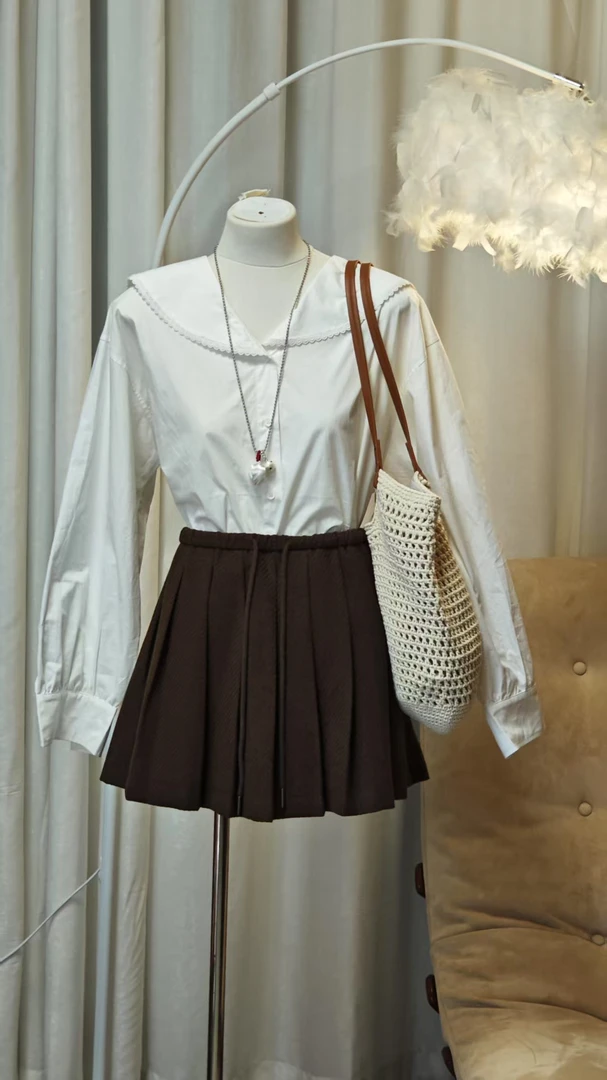 韩系百搭蕾丝花边拼接法式上衣翻领衬衣 6116