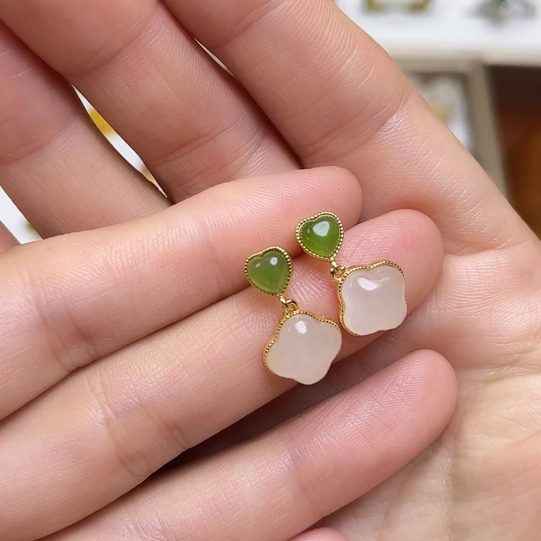 和田玉银S925镶嵌耳饰