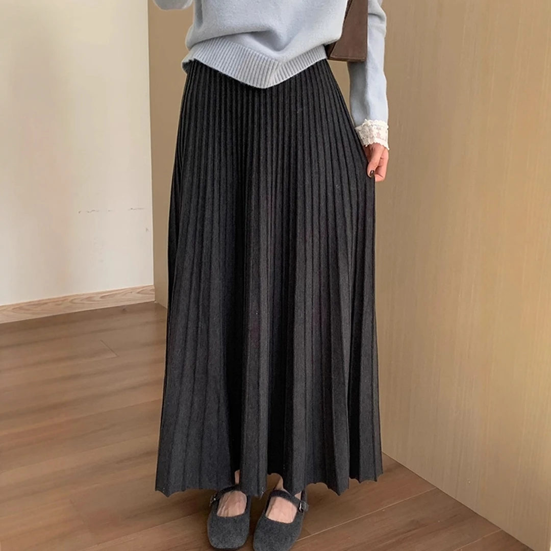 黑色百褶裙羊毛针织半身裙女春秋季加厚淑女风小个子半裙a字长裙