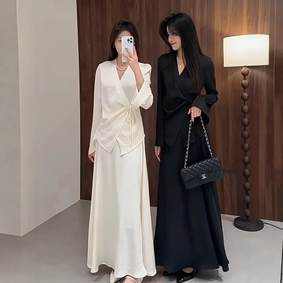 大码女装秋装微胖mm时尚套装新中式显瘦长袖上衣半身裙两件套裙子