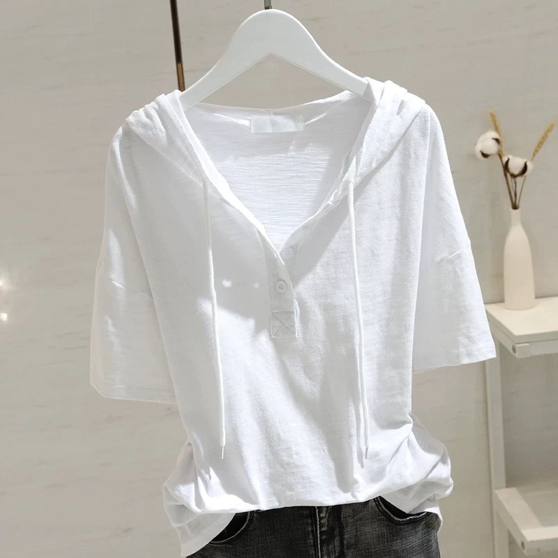 竹节棉连帽短袖t恤女白色韩版宽松大码显瘦套头半袖上衣夏季新款