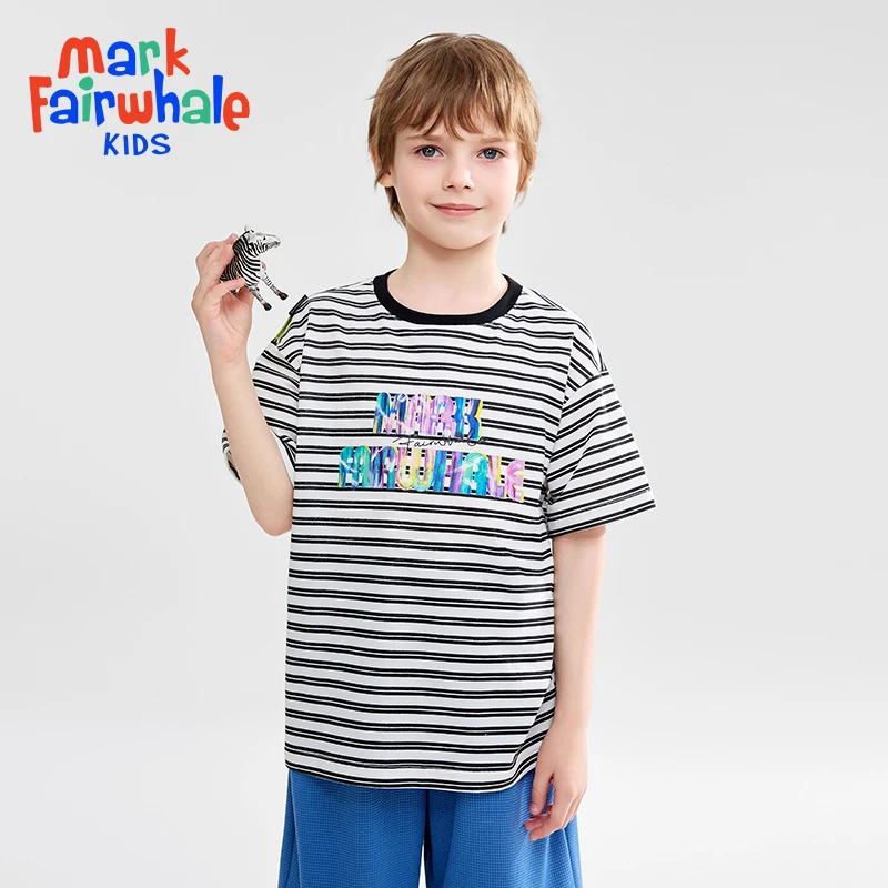 马克华菲童装儿童T恤25年夏季男童新款纯棉短袖休闲运动条纹T恤