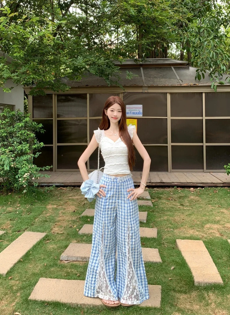 2025夏季新款法式绝美修身飞飞袖上衣蕾丝格纹阔腿裤两件套女装