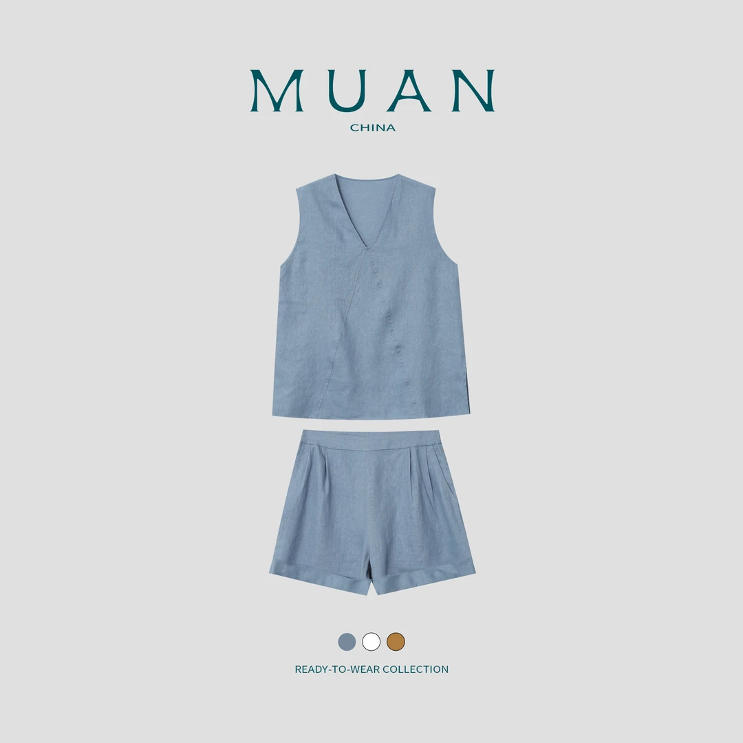 木岸MUAN：《北海道套装》定制100亚麻套装短裤两件套女HH-5985-套装