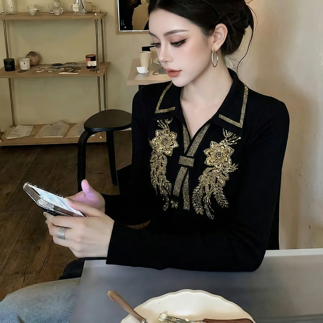 【芙娜妮】刺绣加绒洋气polo领针织衫秋冬2025女装打底衫F2531077A