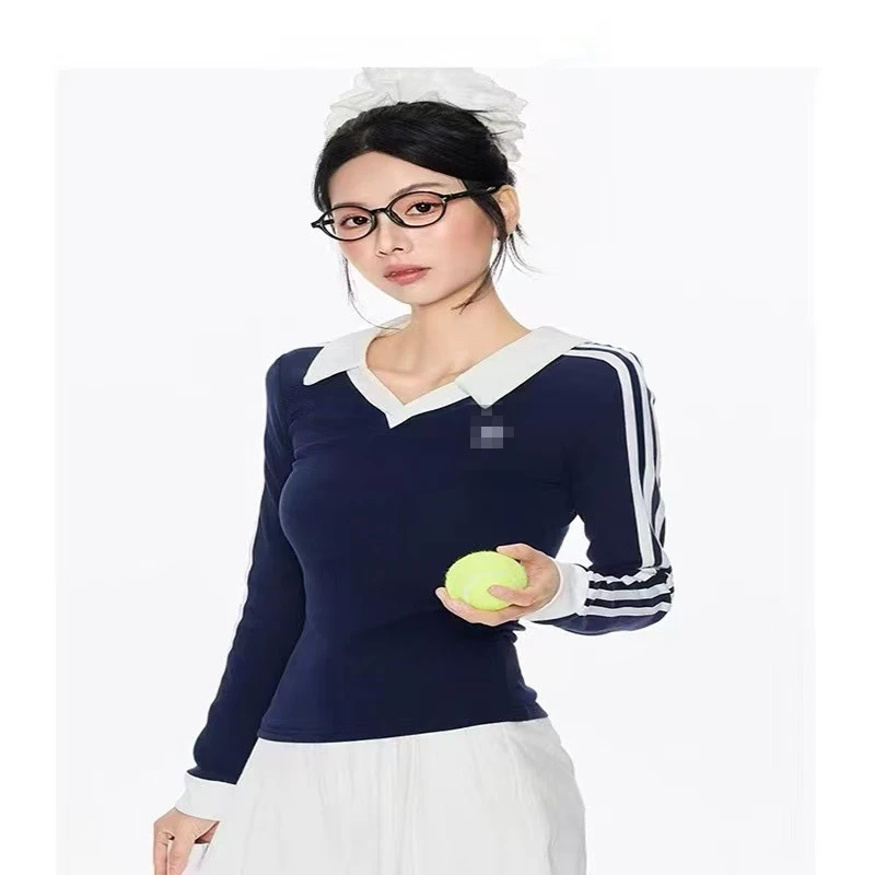 秋冬长袖T恤V领拼接常规款长袖短款高街风T恤ol套装打底百搭翻领