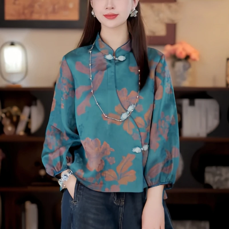 新中式立领斜襟提花气质上衣2025早秋款洋气休闲减龄百搭国风小衫