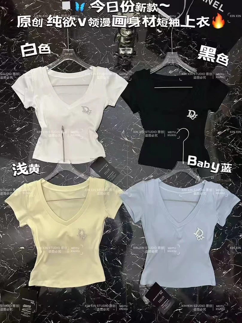 【纯欲v领漫画身材配胸针自带胸垫短袖】