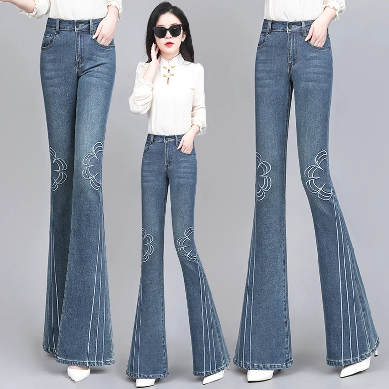 国风刺绣喇叭裤喇叭显瘦弹力新款牛仔裤高腰洋气复古外穿春秋长裤