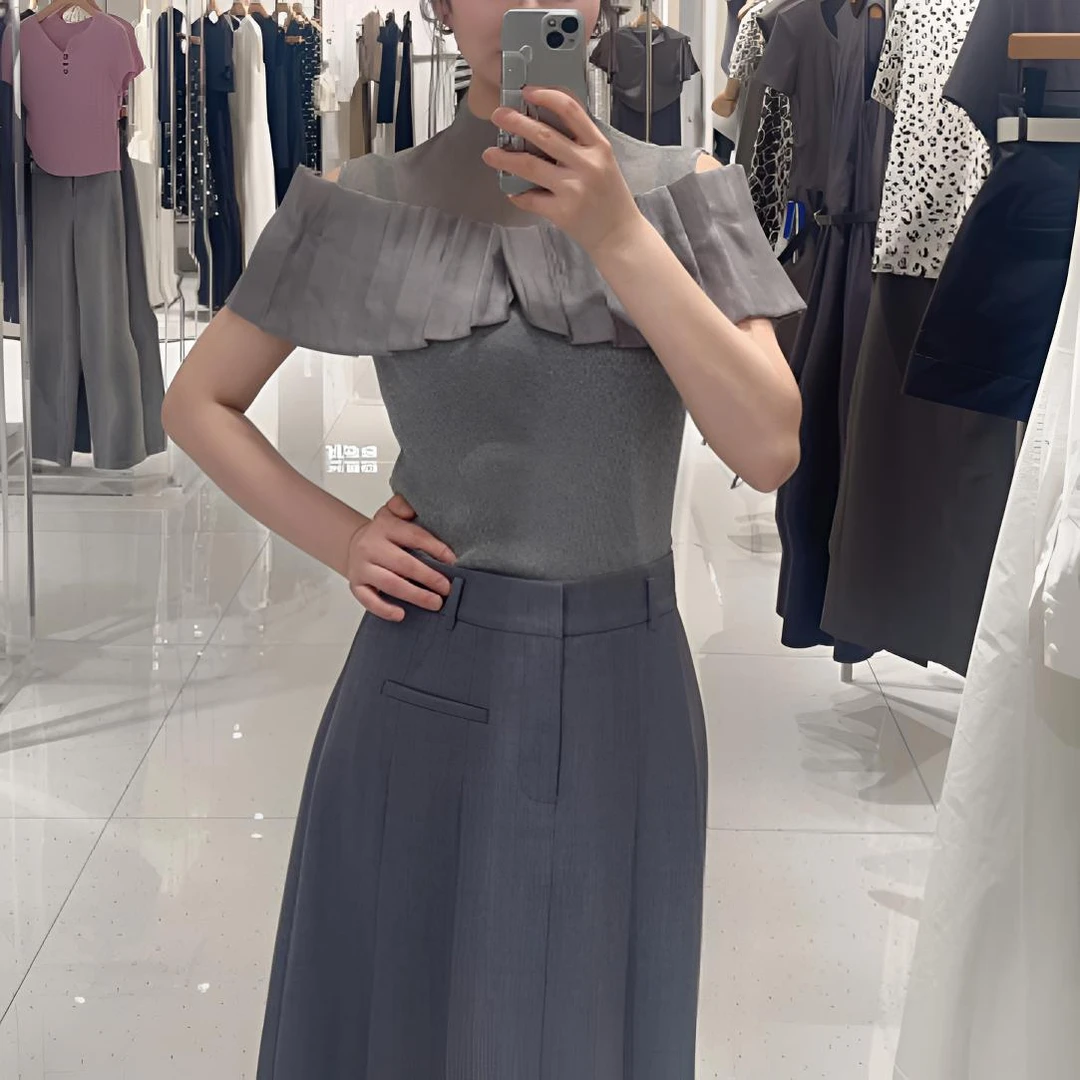 迪家同款时尚显瘦荷叶边针织衫Y163306