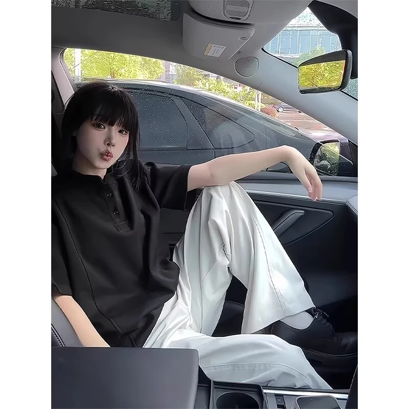 黑色亨利领短袖polo衫男款痞帅高级感美式正肩t恤boxy拼接半截袖