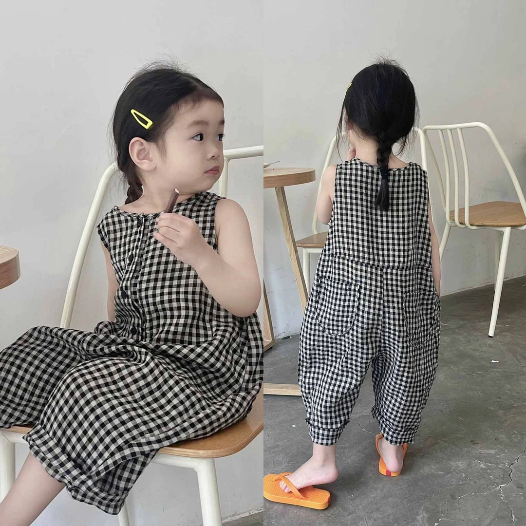 2025夏季新款女童连服衣女宝宝格子连体裤无袖宽松洋气韩版连身裤