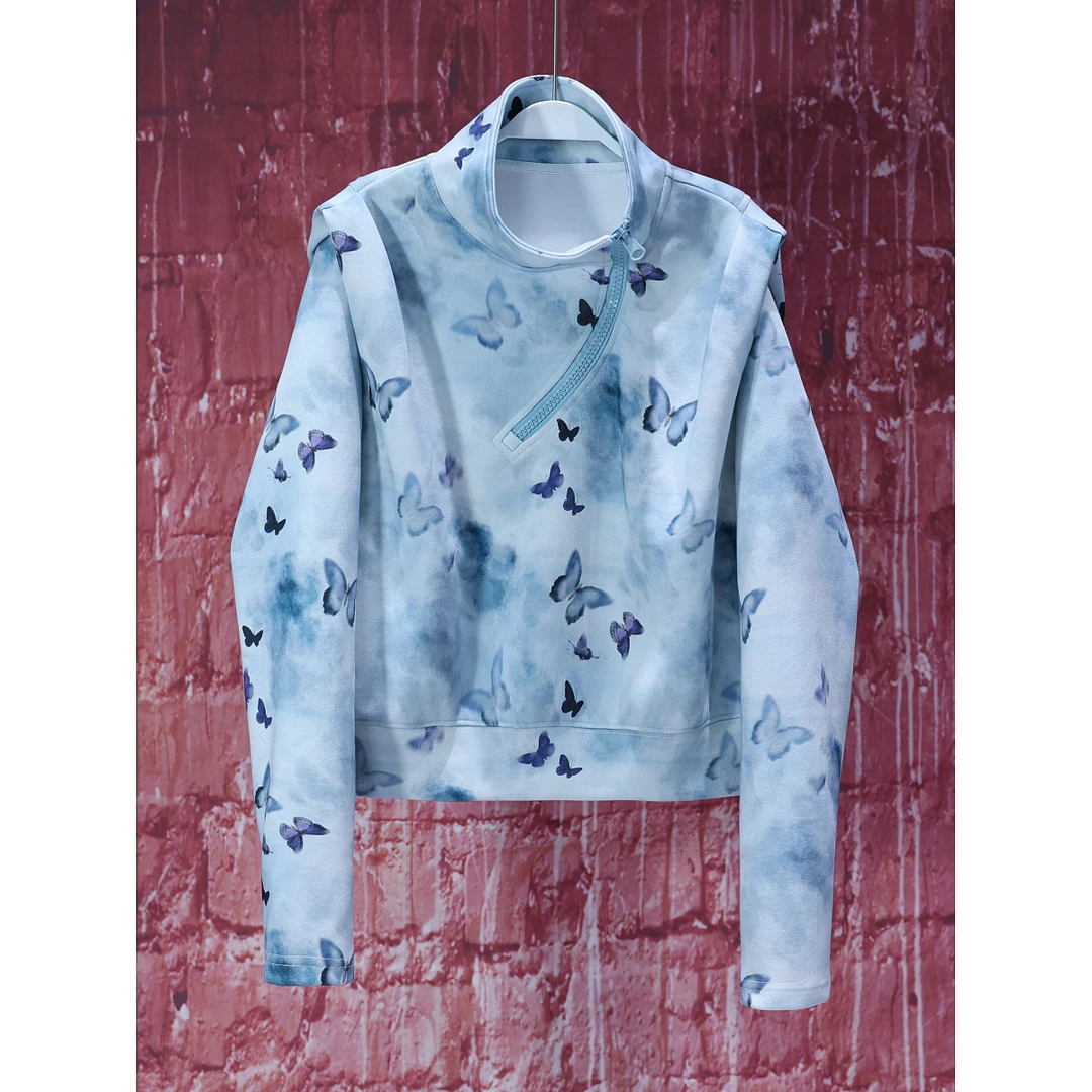 【韩哥女装】设计师高定面料欧货小众轻奢蓝色蝴蝶水印拉链卫衣6729