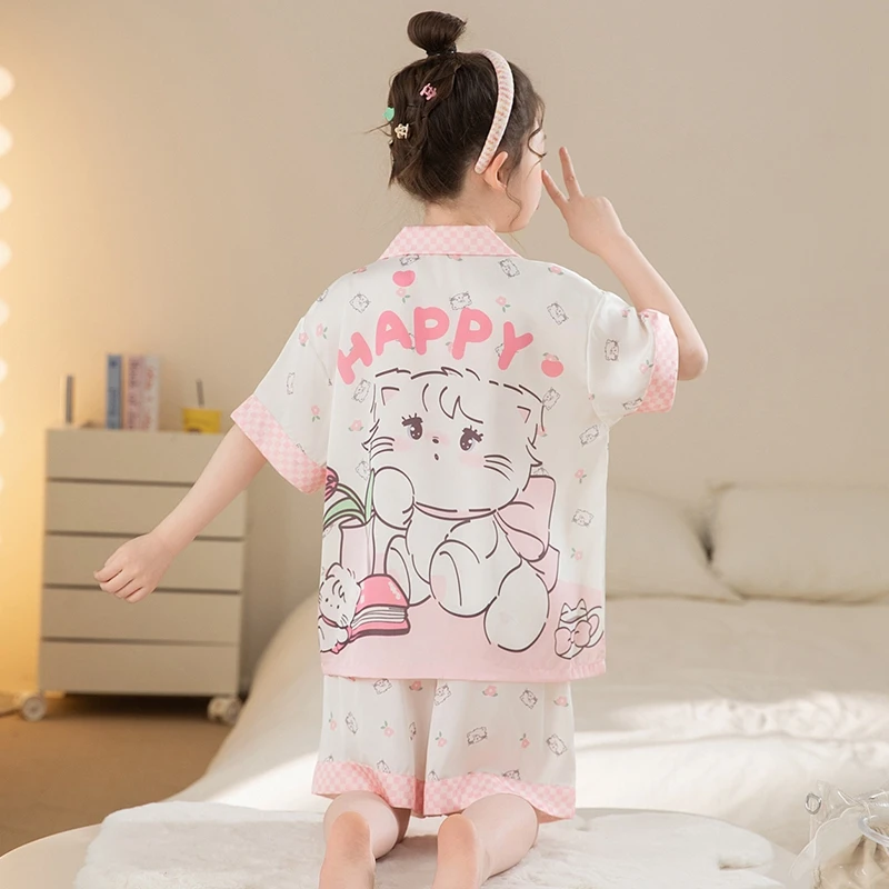 夏季女童冰雪丝睡衣儿童薄款短袖居家套装中大童卡通家居服21274