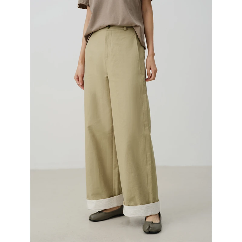 素典翻边阔腿裤女秋季新款纯棉高腰宽松休闲小个子百搭直筒裤3359