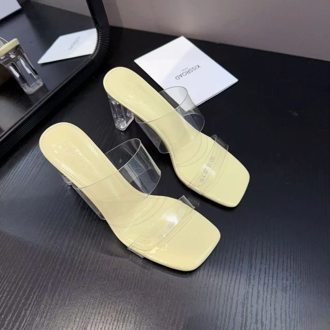 【7厘米】透明方头露趾凉拖鞋女外穿2025新款透明粗跟时尚高跟凉拖