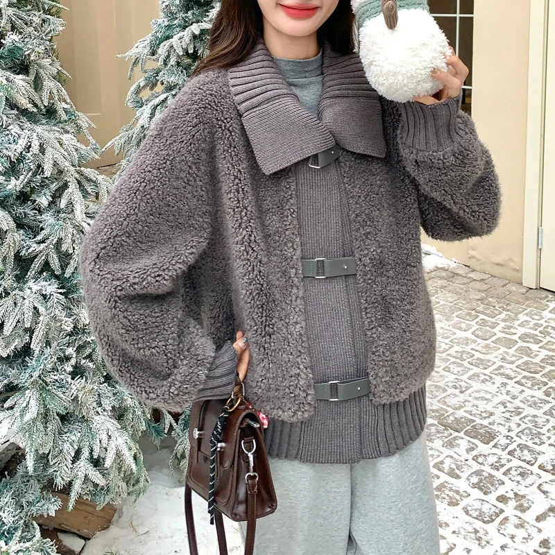 2025新款个性搭扣毛绒棉服外套针织拼接元素时尚保暖新选择