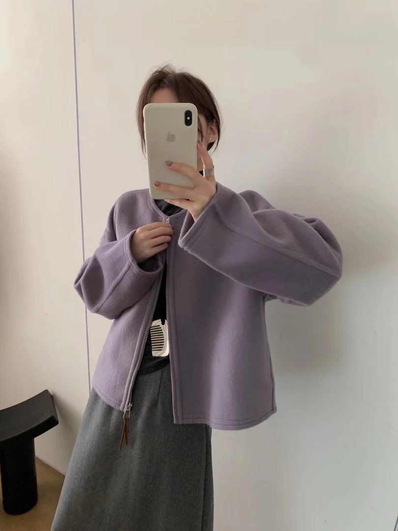 韩系紫色耐看双面羊绒大衣