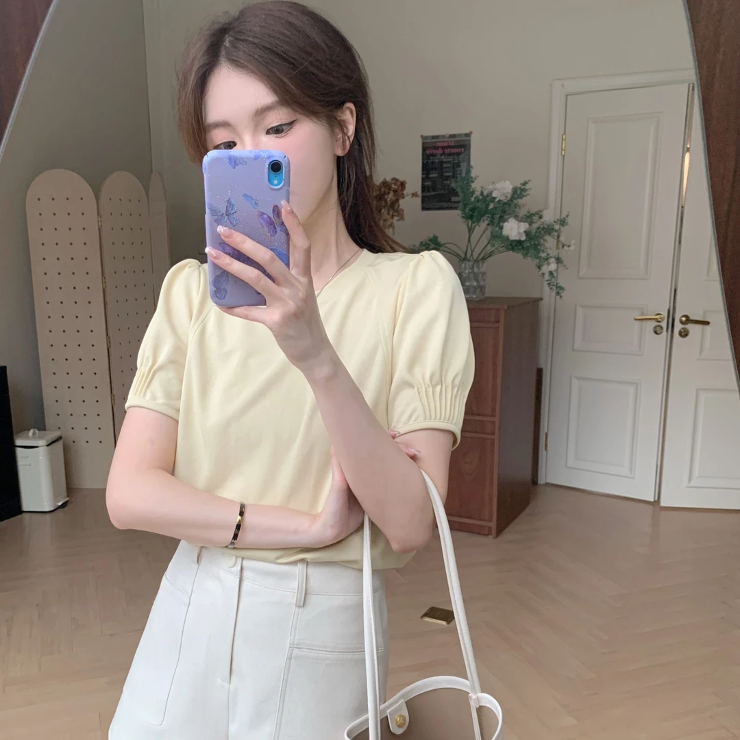 【芝士Cheese】海盐芝士 韩风气质冰感针织优雅洋气设计感t小衫百搭