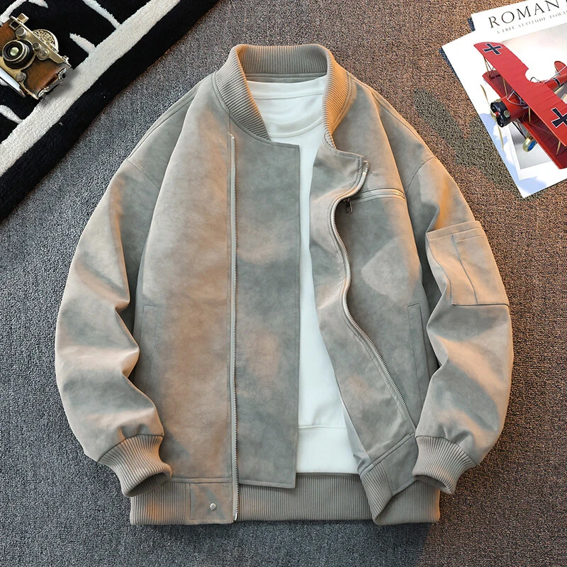 青少年宽松型扎染春季棒球翻领PU夹克上衣立领宽松潮流学生男外套