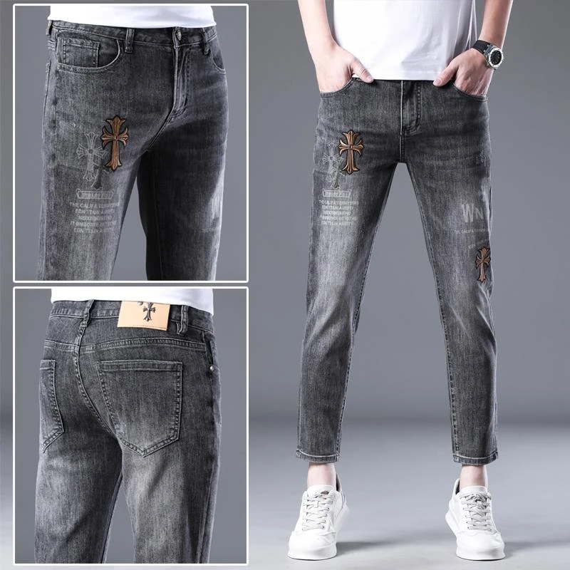 欧洲站柔软刺绣九分牛仔裤男潮牌夏季薄修身小脚潮流高端休闲9分