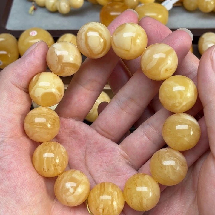 琥珀未镶嵌裸石蜜蜡18小+浓蜡妖花渐变虎皮同料手串