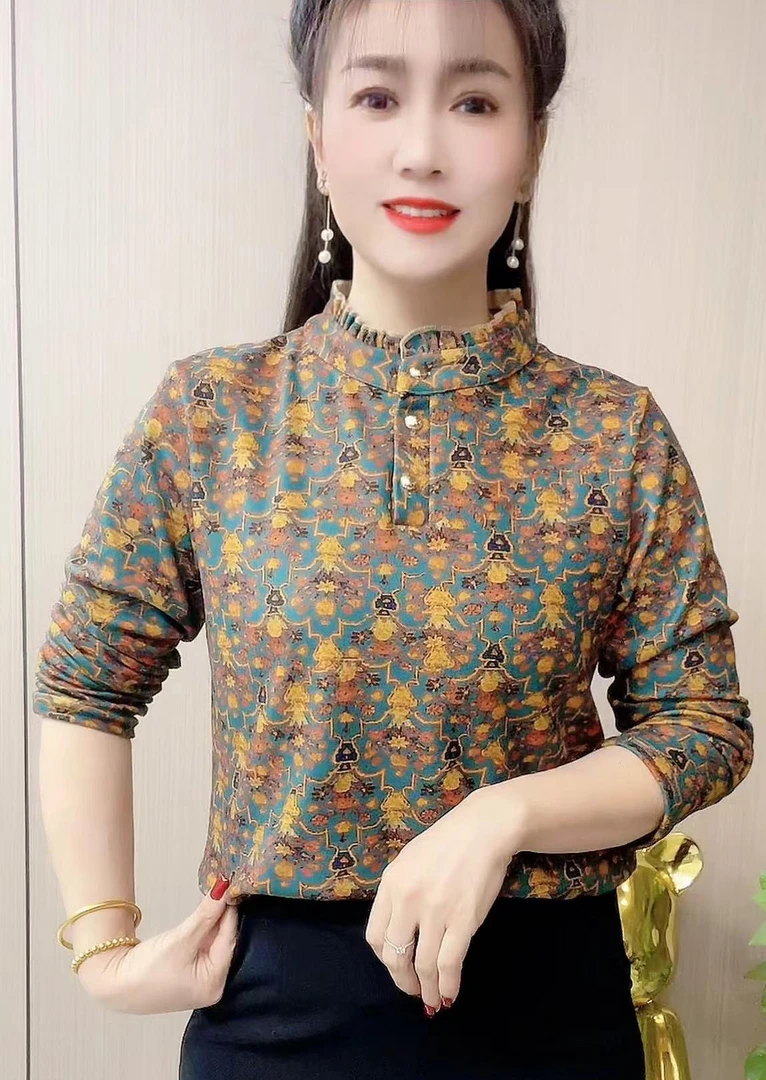 时尚妈妈装长袖秋冬新款加绒打底衫长袖保暖小衫显瘦高级蓝色树叶