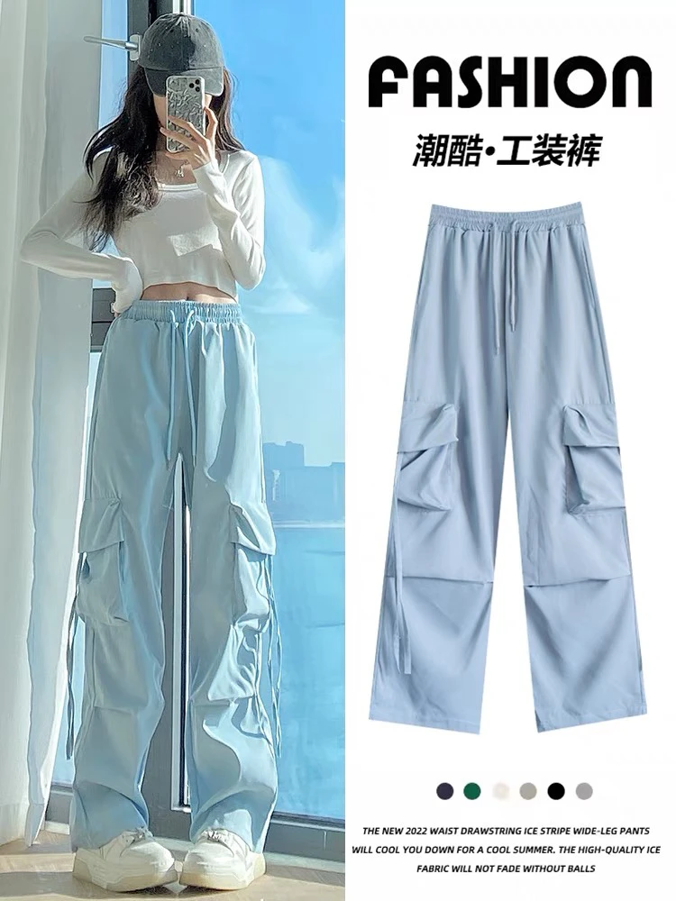 清货啦！蓝色工装裤女早春新款宽松直筒高腰显瘦运动裤